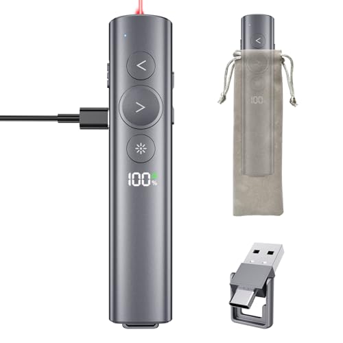 Rechargeable Presentation Clicker with Red Laser Pointer for PowerPoint, Power Display Wireless Presenter Remote with USB-A & USB-C Dongle, Slide Advancer for Mac, Windows, Laptop, Classroom, Office - style: Red Laser & Power Display