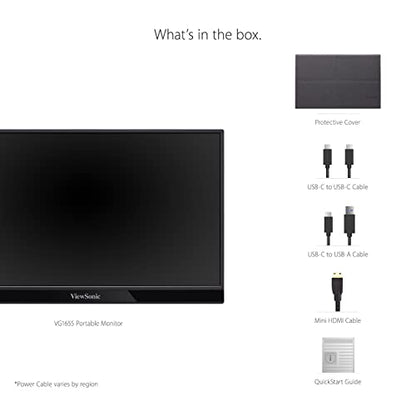 ViewSonic VG1655 15.6" 1080p Portable Monitor w/ 2 Way Powered 60W USB C, IPS, Eye Care, Dual Speakers, Built in Stand w/Cover (Renewed)