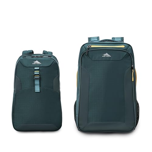 High Sierra Hi-Life 3-in-1 Convertible Wheeled Backpack - Features Removable Daypack, Stack-It Strap, Adjustable Handle, Fleeced Pocket For Scratch Protection, Dual Water Bottle Pockets - Green/Yellow
