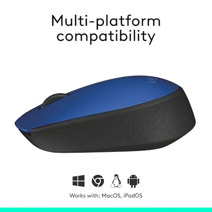 Logitech M170 Compact Ambidextrous 2.4 GHz Wireless Mouse - Blue | Ambidextrous mouse with 2.4 GHz USB-A Nano Receiver, Optical Tracking, 12-Months Battery Life, PC, Mac, Laptop compatible - color: Blue