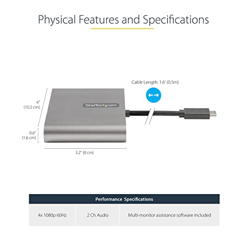 StarTech 50cm USB-C to 4-HDMI Adapter, 4x 1080p 60Hz, USB Powered, TAA | USB 3.0 to Quad HDMI, External Video Graphics Card, Windows Only, For Laptops/Desktops, 2ch Audio - style: USB-C