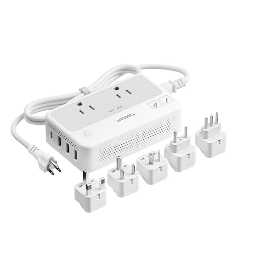 TESSAN 220V to 110V Voltage Converter | Universal Travel Power Adapter with Type C/G/D/I/L Plugs, 2 AC Outlets, 4 USB Ports (1 USB-C), 230W Max Step Down Transformer - color: White Grey