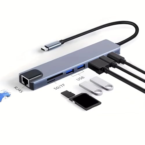 USB-C Hub, 8-in-1 Multiport Adapter with HDTV, USB 3.0, RJ45 Ethernet, SD Card Reader, and USB-C Charging Port