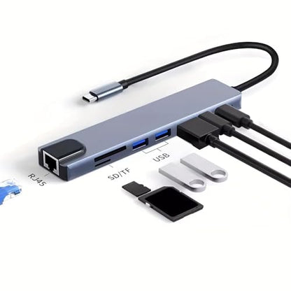 USB-C Hub, 8-in-1 Multiport Adapter with HDTV, USB 3.0, RJ45 Ethernet, SD Card Reader, and USB-C Charging Port