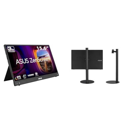 ASUS ZenScreen 16” (15.6 inch viewable) 1080P USB-C Portable Monitor (MB16AHV) & ZenScreen Stand MTS02D - Ergonomic Stand for Portable Monitors, Tilt, Pivot, Height adjustments, 1/4”