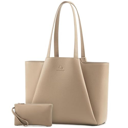 LOVEVOOK Laptop Tote for Women - 15.6 Inch Faux Leather Laptop Bag with Clutch, Large Capacity Office Purse Computer - color: Sandy, size: 17 inch