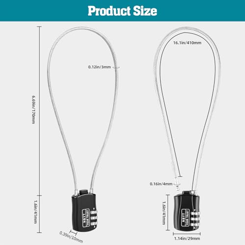 Wire Rope Cable Lock with Resettable Code, Zinc Alloy - Combo Mini Lock for Helmet, Luggage, Ski, Snowboard, Bikes, Travel, Stroller & Cabinet Handle - size: 15 Inch