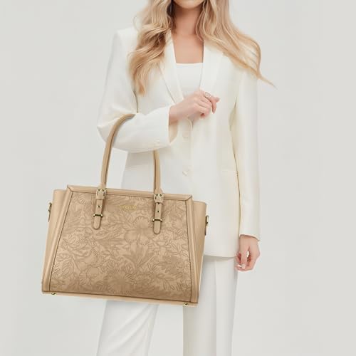 MOSISO Laptop Bag for Women, 17-17.3 inch PU Leather Tote Bag | Compatible with MacBook, HP,Dell, Front Embossed Retro Hibiscus Computer Bags with Silk Scarf&Clutch Purse, Apricot - color: Apricot, size: 17.3 inch