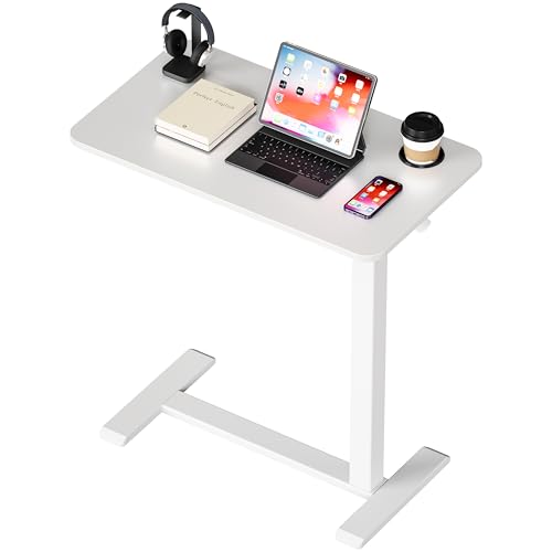 BIZUM Adjustable Bedside Table with Swivel Hidden Wheels Pneumatic Rolling Desk Mobile Standing Desk with Cup Holder for Hospital Home(27.6"x15.8" White) - color: White, size: 27.6"x15.8"