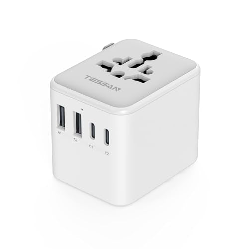 TESSAN Universal Travel Adapter, International Power Adapter with 2 USB C 2 USB A Ports, Travel Plug Adaptor Worldwide for US to Europe UK Italy Ireland Australia France Germany(Type C G A I) - color: Grey-20W