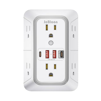 JcBlaon Surge Protector Outlet Extender 6 Outlet Extender with 4 USB Ports (PD 30W), 3 Sided 1050J Multi Plug Wall Adapter Power Strip for Home Travel Office Essentials-ETL - color: White PD30W 1PC
