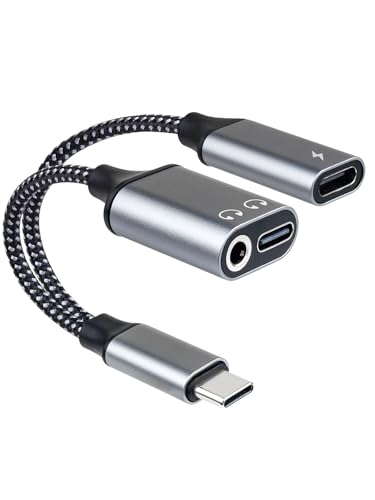 3-in-1 USB-C to 3.5mm Headphone Adapter & Charger, Type-C to Dual USB-C & Aux Audio Splitter with PD Fast Charging & DAC Chip, Compatible with iPhone 16/15 Pro Max, iPad, S24/S23, Pixel (Grey)