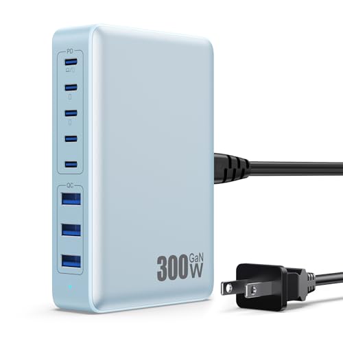 USB C Charger 300W USB C Charger Block, 8-Ports GaN IV Fast Charging Station Hub,PD 100W Laptop Charger Adapter,for MacBook Pro/Air/iPad/iPhone16/15/14/Apple Watch/DELL/Samsung for Home Office - color: Light Blue, size: 300W
