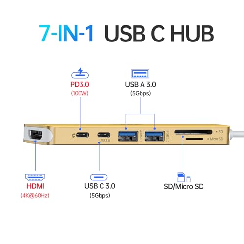USB C Hub HDMI Adapter for MacBook Pro/Air, 7 in 1 USBC Dongle with HDMI, microSD/SD Card Reader, USB C Data Port,100W PD, and 2 USB 3.0 Compatible for MacBook Pro/Air, Dell XPS, Lenovo Thinkpad. - color: Gold