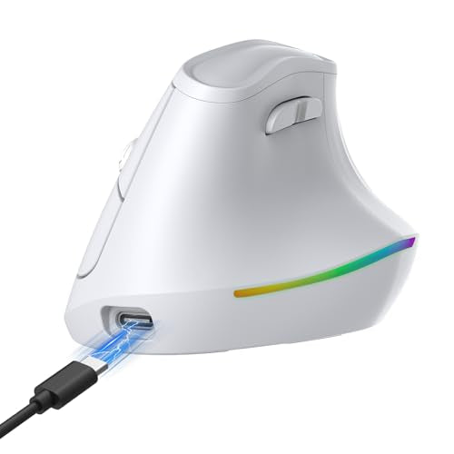 KYSONA 57° Wireless Ergonomic Mouse, Vertical Mouse, Carpal Tunnel Mouse, RGB Light, Rechargeable, Bluetooth & 2.4G, 5-Level DPI Adjustment, Quiet Click Ergo Mice Compatible with PC/Laptop/Mac, White - color: RGB Light in White