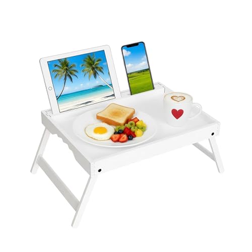 Bed Table Trays for Eating, Bamboo Breakfast Food Tray Table with Media Slot for Bed and Snack, Laptops, Sofa(White, Medium) - color: White