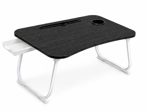Multi-Feature Lap Desk with Cup Holder Tablet Slot and Storage Drawer - Portable Foldable Laptop Table for Bed Sofa and Floor - Metal Folding Legs 4 Colors - color: Black