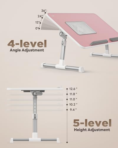 Laptop Desk for Bed with Cooling Fan, SAIJI Height & Angle Adjustable Laptop Stand for Bed, Lap Desk Tray Table, Lightweight Foldable Portable Computer Table - color: Pink