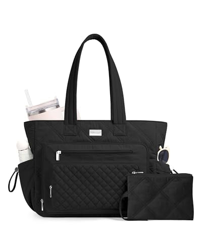 TOPDesign Puffer Laptop Bag for Women, Quilted Teacher Tote Nurse Work Briefcase, Computer Handbag with 40oz Cup Holder - color: Black, size: 15.6 Inch
