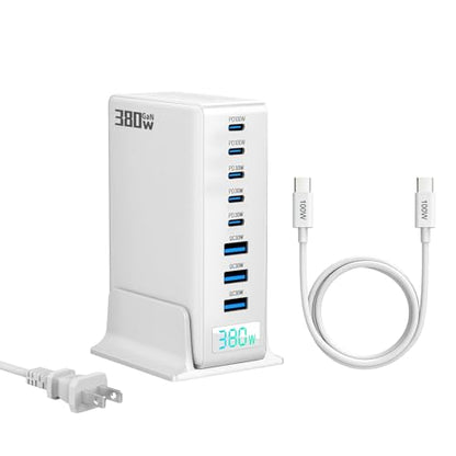 380W GaN III 8-Port Multi-Device USB-C Charger, PD 30W+100W PC Laptop Fast Charging Hub for MacBook/iPhone/iPad/Dell/Steam Deck, w/ 100W Cable, White