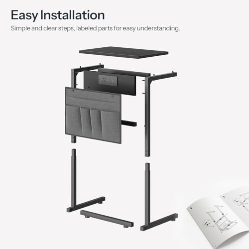 HOOBRO C Shaped End Table with Charging Station, 28" H Couch Side Table Slide Under, Sofa Arm Tray Table with Storage Bag for Living Room, Recliner, Black BB70USF01 - color: Black