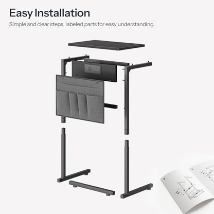 HOOBRO C Shaped End Table with Charging Station, 28" H Couch Side Table Slide Under, Sofa Arm Tray Table with Storage Bag for Living Room, Recliner, Black BB70USF01 - color: Black
