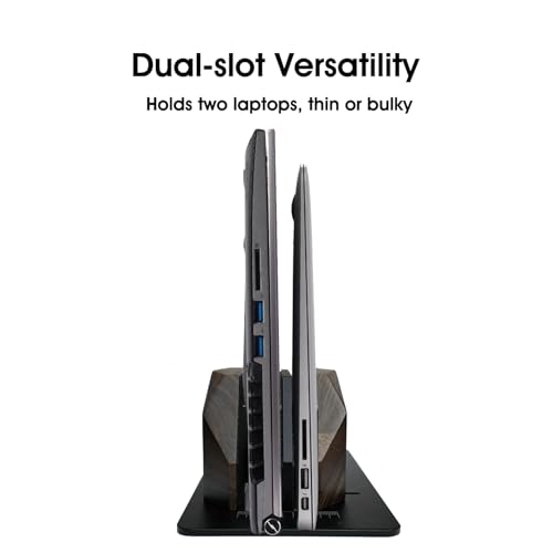 Walnut Wood Vertical Laptop Stand, Dual Slot Wooden Laptop Holder Vertical for Desk, Width Adjustable Dock Compatible with MacBook Pro and Universal Gaming Laptops - color: Black