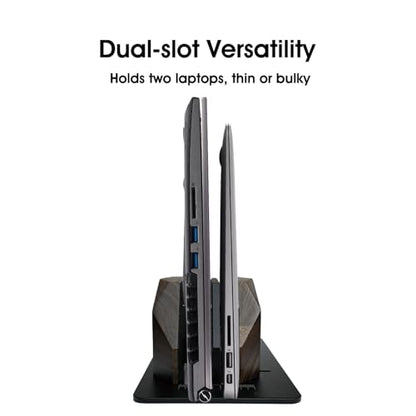 Walnut Wood Vertical Laptop Stand, Dual Slot Wooden Laptop Holder Vertical for Desk, Width Adjustable Dock Compatible with MacBook Pro and Universal Gaming Laptops - color: Black