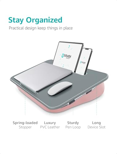 Istudyniture Lap Desk | Portable Laptop Desk & Stand – Fits Up to 17 inch – Washable Cushion, Built-in Phone Holder – for Bed, Couch, Sofa, Floor – Writing, Reading, Home Office – Large, Pink - color: Pink