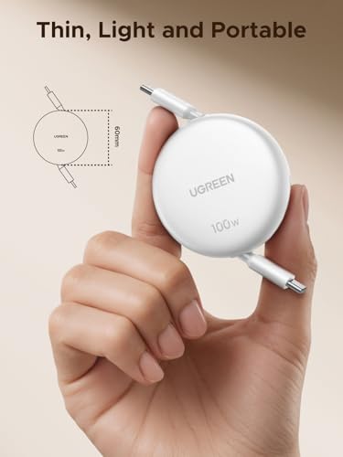 UGREEN 100W Retractable USB C Cable, Fast Charging, White, 3.3FT | Compatible with iPhone 17/16/15, MacBook Pro/Air, Galaxy S26/S25, iPad Pro/Air, Pixel 10/9, Switch, AirPods. Nylon Braided - color: White