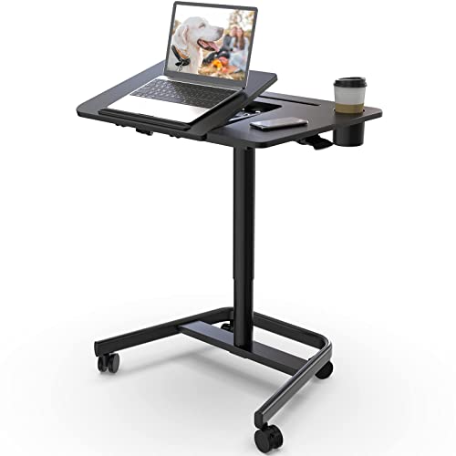 JOY worker Rolling Standing Desk, 60° Tiltable Mobile Laptop Desk, Black | Pneumatic Height Adjustable Cart, Portable Stand Up Desk with Wheels & Cup Holder for Office Home School, Holds Up to 22lbs - color: Black