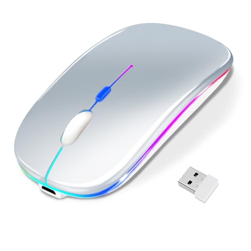 Wireless Bluetooth Mouse for iPad/MacBook Pro/Air/Laptop/pc Rechargeable Silent Mouse Portable Slim for Surface Pro/Lenovo/Samsung Tablet (LED/Silver) - color: LED / Silver