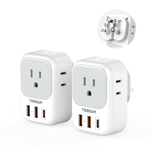 TESSAN UK Adapters for Travel, US to UK Ireland Plug Adapter 20W, Foldable | Power Adaptor, 4 Outlets 3 USB(PD 20W 1 USB C), Type G for USA to Scotland London England Hongkong Dubai Irish - color: White grey-Foldable Type G