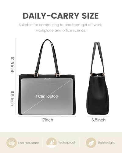 LOVEVOOK Laptop Bag Tote Bag for Women, Work Bags Teacher Tote Bag, Waterproof Leather Computer Bag, Business Laptop Purse Office Handbag Professional Briefcase, 17 Inch, Black
