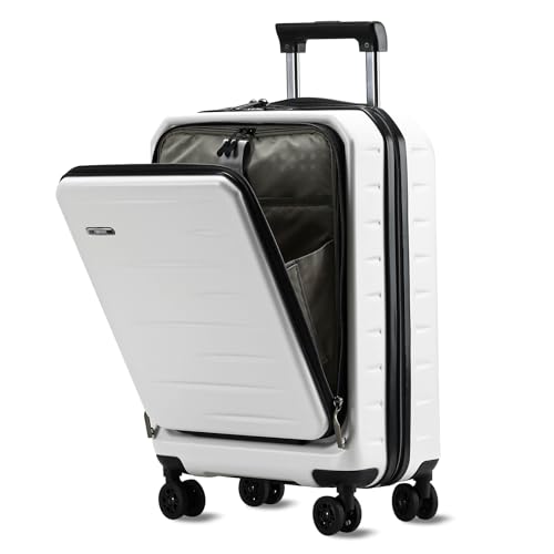 CENSIEN 20 Inch Carry On Luggage 22×14×9 Airline Approved with Front Pocket | Front Opening with Laptop Pocket,Lightweight ABS+PC Hard Shell Suitcases,360° Spinner Wheels,TSA Lock,YKK Zipper,White - color: White, size: 20 Inch