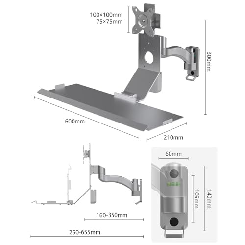 Monitor and Keyboard Wall Mount, Stand/sit Workstation, with Pneumatic Arm, Load 10kg, with 60cm Foldable Keyboard Tray, for 15-32 Inch Single Screen - color: Black