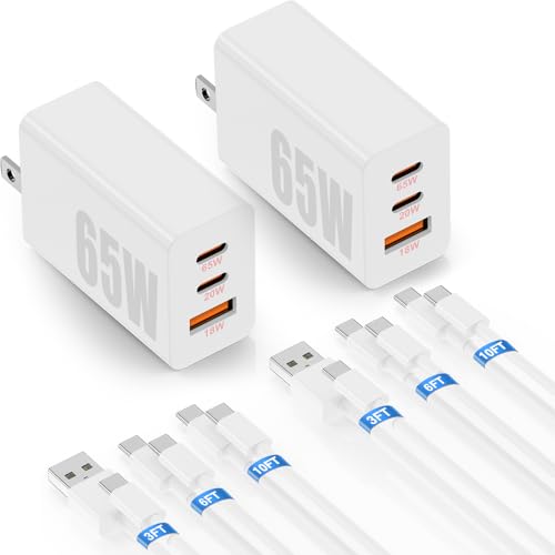65W Super Fast Charger PD3.0&6/10FT USBC Cable for iPhone iPad Air, MacBook | 3-Port GaN Type-C Charging Block PD/QC 3.0 for 17/16/15 Pro Max,Plus Samsung Galaxy S26/S25/S24,Tab, Android 3/6/10FT Cord - color: White