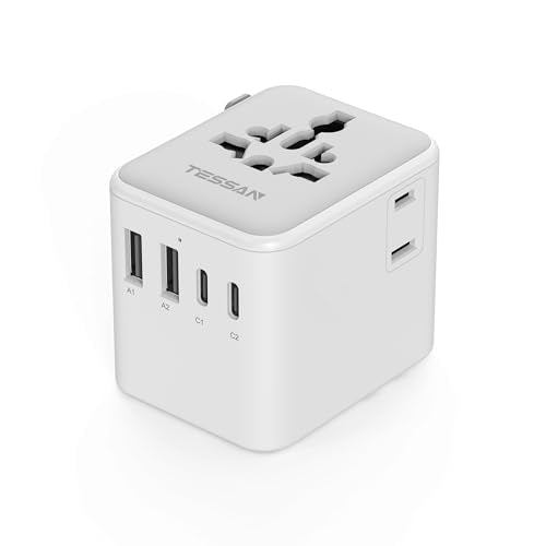 TESSAN Universal Travel Adapter, Power Adapter Worldwide with Extra 2 Prong AC Outlet, 4 USB Ports (2 USB C), International Plug Adaptor for US to Europe Italy UK Australia Ireland (Type C G A I) - color: Grey&white-20W