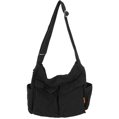 Canvas Messenger Bag Large Hobo Crossbody Bag with Multiple Pockets Casual Shoulder Tote Bag for Women and Men - color: Black