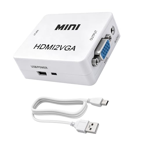 MEIRIYFA HDMI to VGA Adapter Converter, Uni-Directional HDMI to VGA Adapter with 3.5mm Audio and Mini USB Power Cable for Computer, Desktop, Laptop, PC, HDTV, Monitor, Projector, etc (White)