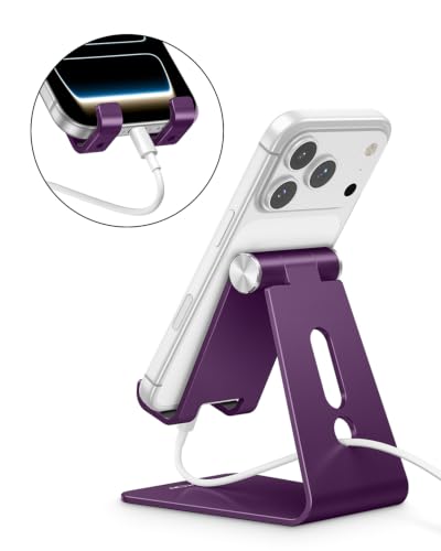 OMOTON C2 Adjustable Cell Phone Stand with Charging Cutout, Deep Purple | Sturdy 3mm Aluminum, Charging Port, 270° Adjustable, Non-Slip Silicone Pads, Works with Thick Cases, for All Smartphones - color: Deep Purple