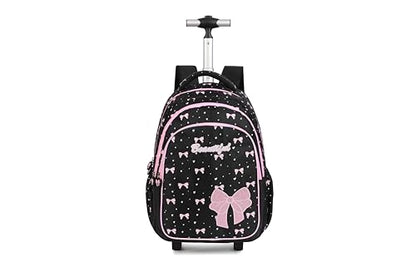Women Large Rolling travel Backpack for kids, Wheeled Backpack with Adjustable Shoulder Straps, Nylon Book Bag 3pc Set (BOWKNOT BLACK) - color: Bowknot Black