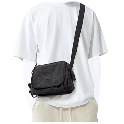 Messenger Bag for Men, Crossbody Bag Aesthetic, Water Resistant Unisex Classic Canvas Shoulder Bag - color: A1-black
