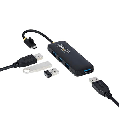 StarTech 4-Port USB-C Hub 5Gbps with 4X USB-A, Mini (H5C4A-USB-HUB) | USB Powered USB 3.0 travel mini splitter, Portable, Wake on USB, Overcurrent Protection, 5in 13cm cable, Cable clip - size: 0.4 ft, style: USB-C