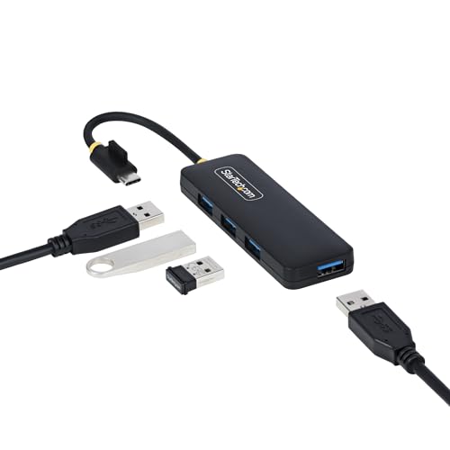 StarTech 4-Port USB-C Hub 5Gbps with 4X USB-A, Mini (H5C4A-USB-HUB) | USB Powered USB 3.0 travel mini splitter, Portable, Wake on USB, Overcurrent Protection, 5in 13cm cable, Cable clip - size: 0.4 ft, style: USB-C