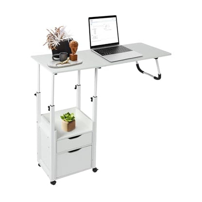 Overbed Table with Wheels, Movable Bedside Table Height Adjustable Over Bed Desk Foldable Rolling Laptop Desk with Drawers for Home & Hospital Use (White) - color: White