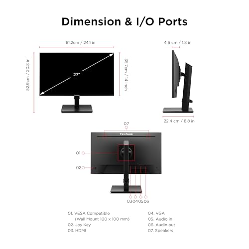 ViewSonic VA2748-MHJ 27 Inch Full HD Computer Monitor, IPS 120Hz Display | Height Adjustable Stand, HDMI, VGA, Eye Care, Frameless, Home Office, Laptop, PC, Mac, Anti Glare, 1ms, 300 Nits, Pivot Tilt - size: 27-Inch Ergonomic