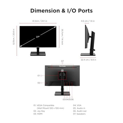 ViewSonic VA2748-MHJ 27 Inch Full HD Computer Monitor, IPS 120Hz Display | Height Adjustable Stand, HDMI, VGA, Eye Care, Frameless, Home Office, Laptop, PC, Mac, Anti Glare, 1ms, 300 Nits, Pivot Tilt - size: 27-Inch Ergonomic