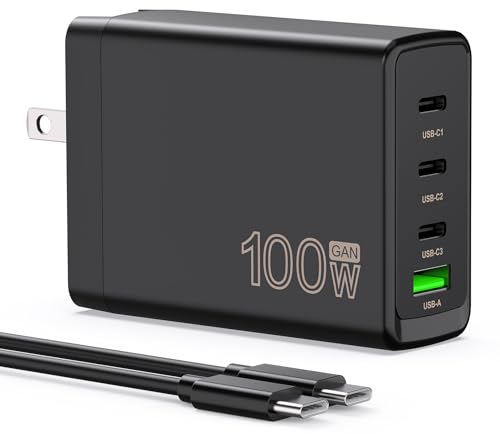 100W USB C Charger Block,4-Port GaN Fast Charger Compatible with MacBook Pro, MacBook Air, Google Pixelbook, ThinkPad, Dell XPS, iPad Pro, Galaxy iPhone All USB C Devices 6ft