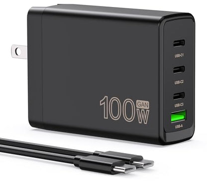 100W USB C Charger Block,4-Port GaN Fast Charger Compatible with MacBook Pro, MacBook Air, Google Pixelbook, ThinkPad, Dell XPS, iPad Pro, Galaxy iPhone All USB C Devices 6ft
